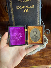 Antique Embossed Leather Photo Case w/ Black & White Portrait Photograph of Man picture