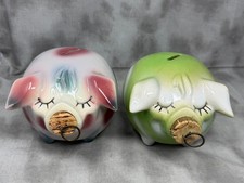 Vintage 1957 Hull Corky Pig Piggy Banks Pair Cork Nose Pink Green H.P. Co USA picture