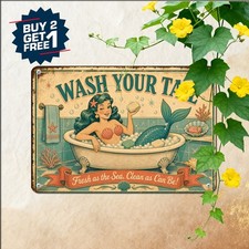 Mermaid Bathing Soap Wash Your Tail Sign 8x12 Ocean Restroom Metal Plaque picture