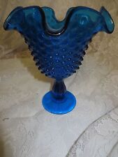 BLUE PRESSED GLASS Hobnail Footed Ruffled Candy Dish Vase Vintage picture