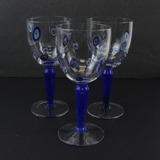 3 Vintage Millefiori Handblown Wine Glasses Cobalt Blue Stems picture