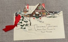 Antique 1920s Art Deco Christmas Card Tudor House Die Cut Ribbon Wreath Snow picture