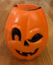 VTG 60s Winking Halloween Pumpkin Blow Mold Jack-O-Lantern Plastic Bucket 9.5” picture