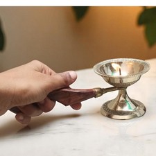 Brass Aarti Designer Deepak with Wood Handle Can be Used as Camphor Burner picture