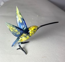 Hand blown glass animal bird Hummingbird Murano style figurine Yellow Blue 4.8