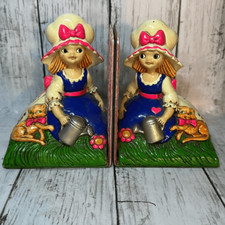 Vintage MCM Earl Bernard Japan Bookends Girl Cat Watering Can Pink Blue picture