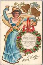 c1909 Nash NEW YEAR TOAST Series 1 Postcard Woman in Blue Dress / Champagne picture