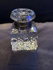 Vintage Old Handcrafted Cut Clear Crystal Inkpot Inkwell With Metal Hinged Lid picture