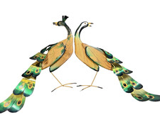 RARE 2 Pc Mid Century Wood Metal Wall Art Peacocks Masketeers Inc 1965 picture