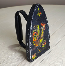 Vintage Painted Metal Sad Iron w/ Handle, Black Multicolor Floral Design picture