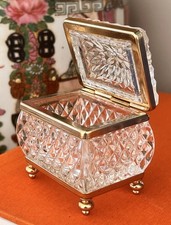 Vintage French Diamond Cut Crystal Jewelry Casket Brass Hinged Trinket Box Gilt picture