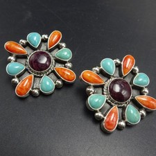 ELLA LINKIN Navajo TURQUOISE and SPINY OYSTER SHELL Sterling Silver EARRINGS picture