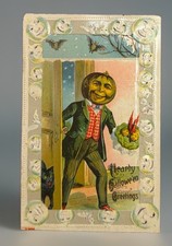 Gottschalk Halloween Postcard Pumpkin Head Man Black Cat Bats Embossed 1911 picture