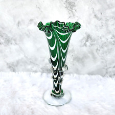 Vintage Handmade Green & White Swirl Pattern Glass Flower Vase Pontil Mark GV153 picture