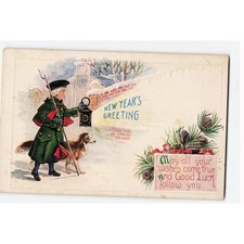 Antique New Year Greeting Postcard Embossed Man Lantern Dog Snow C321 USA picture