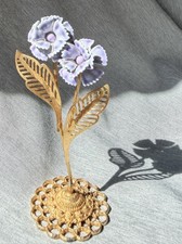 Vintage Gold Tone Enamel Flower Figurine Lavender Purple Filigree Base 4.5