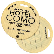vtg Hotel Como plastic luggage tag Hot Springs AR arkansas advertising fob picture