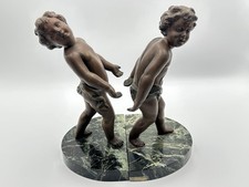 Vintage French Spelter Putti Cherub Companion Pair Green Marble Bases Paris picture