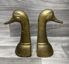 VINTAGE MCM BRASS 9” DUCK BOOKENDS - DOOR STOP HEAVY HUNTING CABIN DECOR picture