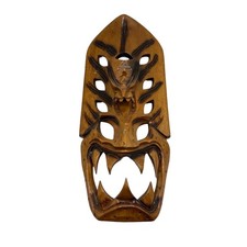 Vtg Hand Carved Dragon Wooden Mask Tribal Art Brown Hawaiian Indo 14.5x7 Tiki picture
