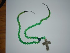 Antique Green Vaseline Trade Beads with a Sterling Silver Clasp and Bronze Cross picture