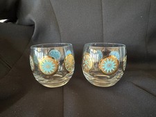 2 Culver Roly Poly Cocktail Glasses 8 oz Aqua Blue Gold Seville Pattern vintage picture
