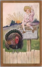 1909 THANKSGIVING Postcard Farm Boy Taunts Turkey from Proclamation Sign picture
