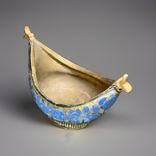 ✨ Kashmiri Papier Mache Kashkul Beggars Bowl Blue Floral Gold Gilt India picture
