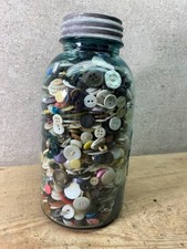 Vintage Ball Perfect Mason Aqua Jar Zinc Lid Filled w/ Old Sewing Buttons picture