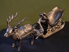 Vtg heavy Brass 10” L Three-Piece Reindeer W/ Sleigh Christmas Table Centerpiece picture