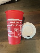 100 New Starbucks Red & White Reusable Cup with Lid, Coffee Christmas picture