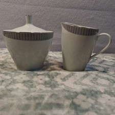 Rare Mikasa Flair 5675 Creamer Sugar Bowl Set Platinum Gray Geometric Japan Vtg picture