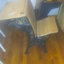 Vintage School Desk w/ Attached Seat, Cast Iron Base, Wood Top, School Theme picture