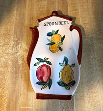 Vtg 60’s Ceramic Teapot Shape Spoon Rest Painted Fruit Motif Pattern 7x4 picture