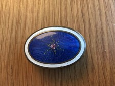 Antique Guilloche Enamel Gilt Brass Pill Trinket Box Cobalt Blue Floral Oval picture