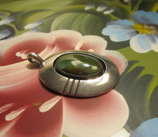 VINTAGE  GREEN TURQUOISE OVAL PENDANT~STERLING SILVER~1.75X1.25 IN. picture