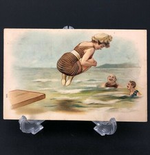 C. 1900s Antique Bathing Beauty Postcard Beach Woman Vtg CANNON BALL Funny Men picture