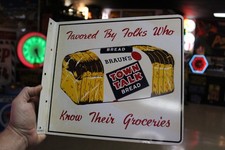 RARE 1964 BRAUN'S TOWN TALK BREAD PAINTED METAL 2-SIDED FLANGE SIGN CORN FARM picture