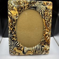 Vintage 90s LaVie African Safari Zebra & Leopard 5x7 Picture Frame. Glazed Resin picture