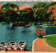 c.1939 Postcard, Boston, Massachusetts, Lake, Rowboats, Flowers, Trees- B2-36 picture