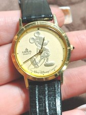 Ultra Rare 90s Lorus Gold Coin Mickey Mouse Disney Watch on Black Leather Strap picture