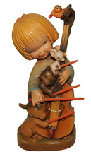 Vintage Anri Italy Carved Wooden Figurine - Little Girl & Animals Playing Cello picture