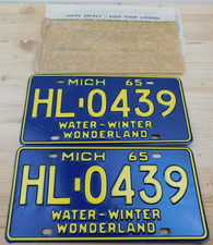 Vtg NOS 1965 Michigan Water-Winter Wonderland License Plate Set Tag # HL-0439 picture