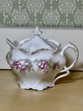 3 Piece Victorian Dainty Lidded Sugar Bowl w Spoon Gilt Gold Rim picture