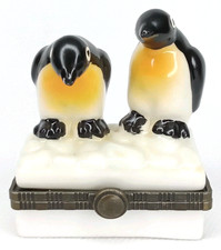 Vintage 1990s White & Black Ceramic Emperor Penguin Trinket Box picture