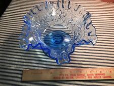Blue Glass Pedestal 4”h 8”W Compote Vtg WestMoreland Ruffled Pattern Leaf BOWL picture