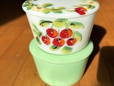 Vintage Mckee Milk Glass & Jadeite Canisters W/Lids Beautiful Hand Painted 🍒 picture