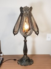 Vintage Gothic Filigree Ornate Metal Lamp Frosted Glass Flower Shade Water Lily picture