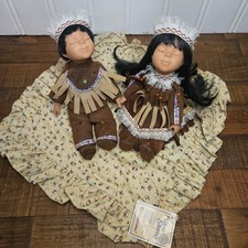 Pair Vintage Native American Porcelain Dolls Boy Girl Matching Set Mold F 2/6/3 picture