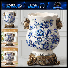 Vintage Blue and White Ceramic Vase with Gold Pedestal, Chinoiserie Floral Urn picture